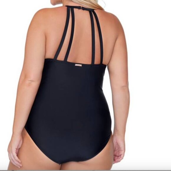 RAISINS CURVE Women's Black Stretch Strappy High-Neck One Piece Swimsuit NWT - Picture 2 of 2